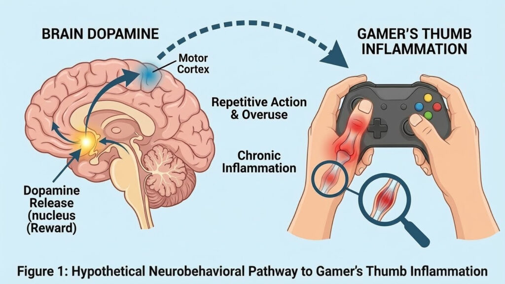 Diagram showing the link between brain dopamine and gamer’s thumb inflammation