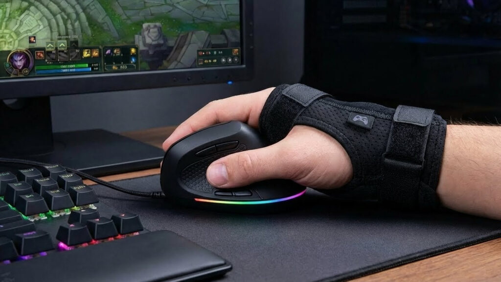 A gamers thumb splint and ergonomic mouse for gamer’s thumb recovery.