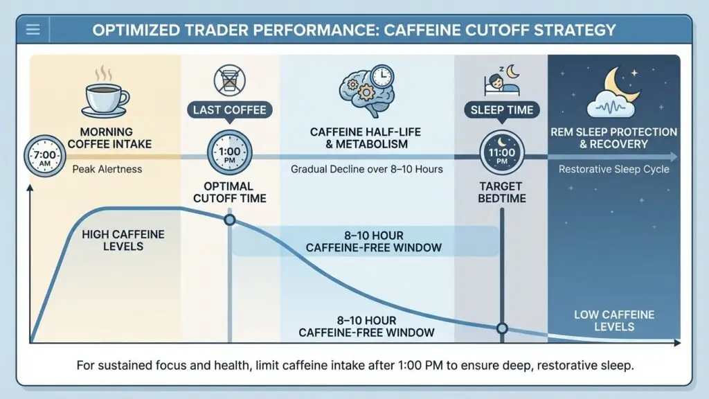 Caffeine cutoff time chart showing when traders should stop drinking coffee to protect REM sleep, reduce caffeine half-life impact, and improve focus, decision-making, and trading performance.