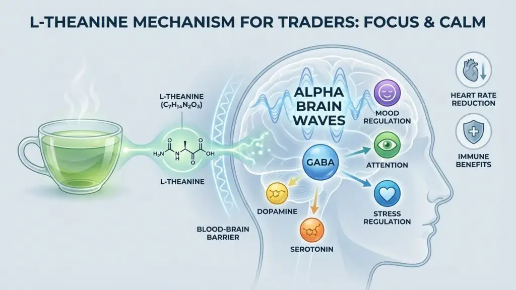 Illustration of L-Theanine’s mechanism showing green tea compounds crossing the blood-brain barrier, increasing alpha brain waves, and regulating GABA, dopamine, and serotonin to reduce stress and improve focus.