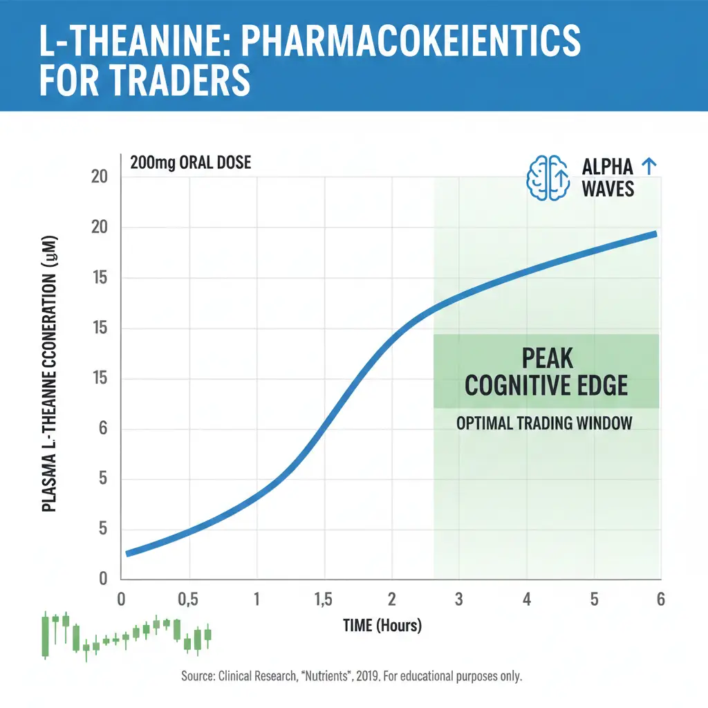 Pharmacokinetics graph of L-Theanine showing plasma concentration and peak cognitive edge timing; an evidence-based guide on nootropics for traders to optimize alpha brain wave activity.