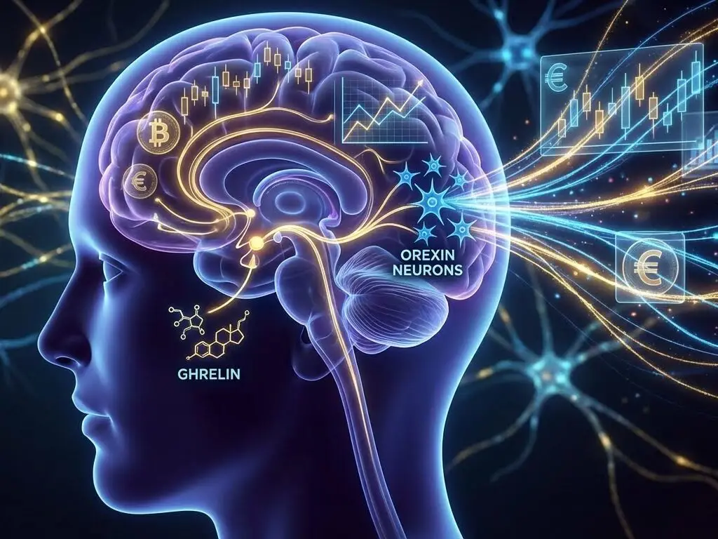 Scientific illustration of the ghrelin-orexin pathway in the brain, showing hunger hormone activating orexin neurons, enhancing focus and decision-making for trading