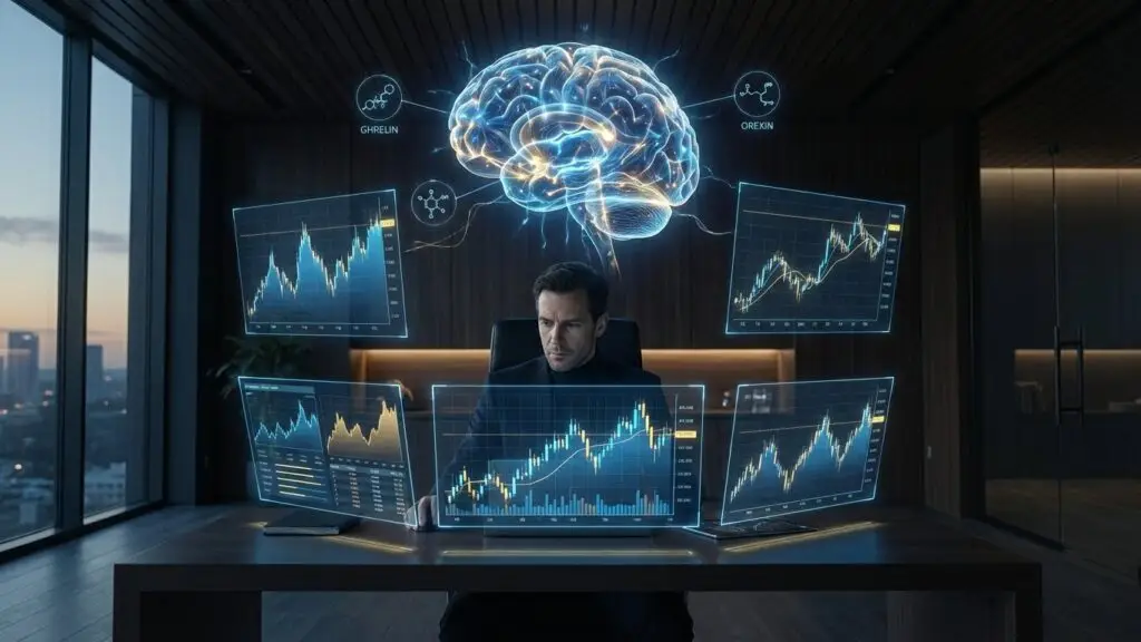 Brain-fasting connection illustration showing a focused trader with glowing neural pathways and forex and cryptocurrency charts during early morning fasting.
