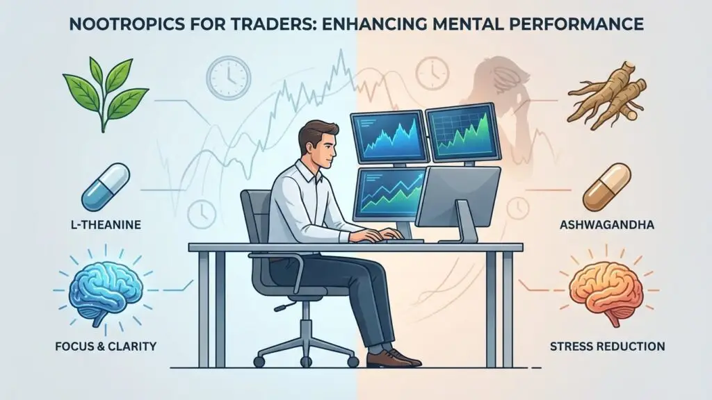 Nootropics for traders illustration showing L-Theanine and Ashwagandha supporting focus, cognitive function, and stress reduction during high-pressure trading sessions.