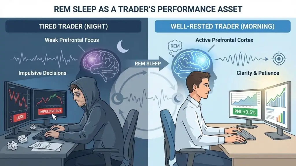 REM sleep benefits for traders illustrated by well-rested vs sleep-deprived trading performance, showing improved discipline, risk management, emotional control, and PnL with proper sleep.