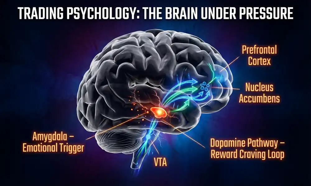 Diagram showing how revenge trading activates the amygdala and dopamine reward pathways in the brain, explaining emotional decision-making and impulsive trading behavior.