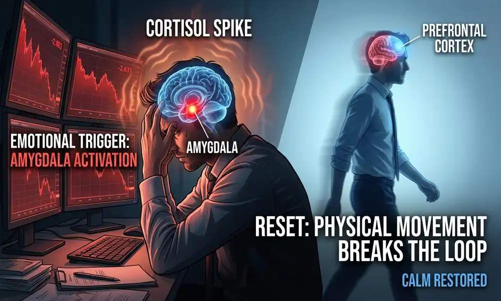 Illustration showing how walking away after a trading loss reduces amygdala activation and cortisol levels, helping prevent revenge trading and emotional decision-making.