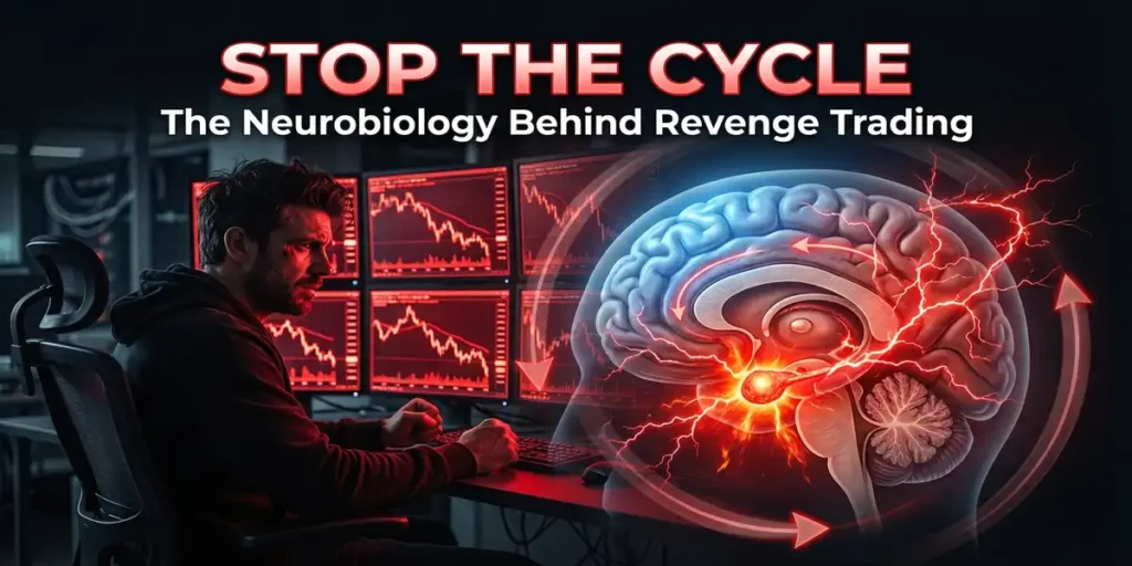 Featured image illustrating how revenge trading is driven by amygdala activation and dopamine imbalance, with the prefrontal cortex representing logical control in stock market decision-making.