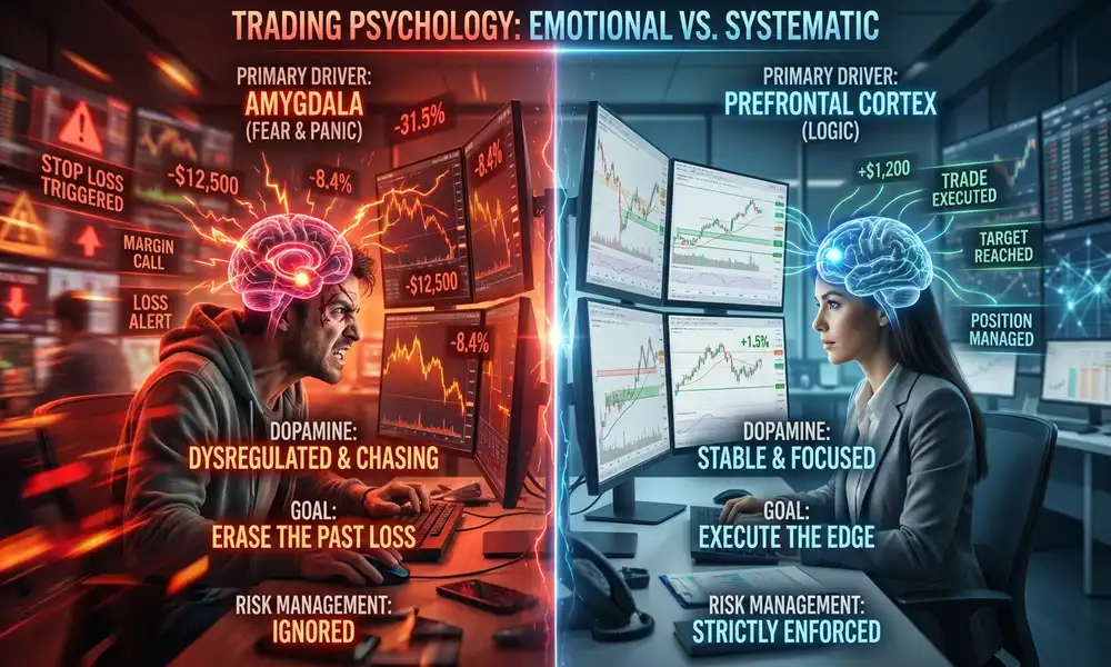 Side-by-side comparison showing emotional revenge trading driven by the amygdala versus systematic professional trading guided by the prefrontal cortex and disciplined risk management.