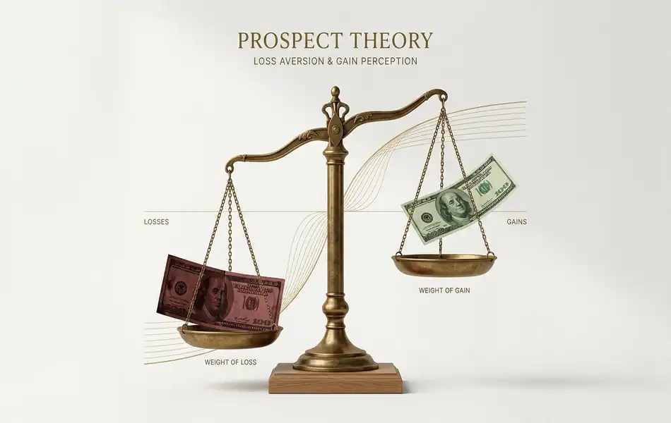 Prospect theory and loss aversion shown as an uneven balance scale