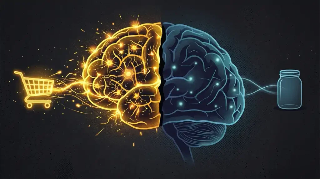 Brain split between a glowing shopping cart and a dim savings jar, showing the dopamine mismatch.