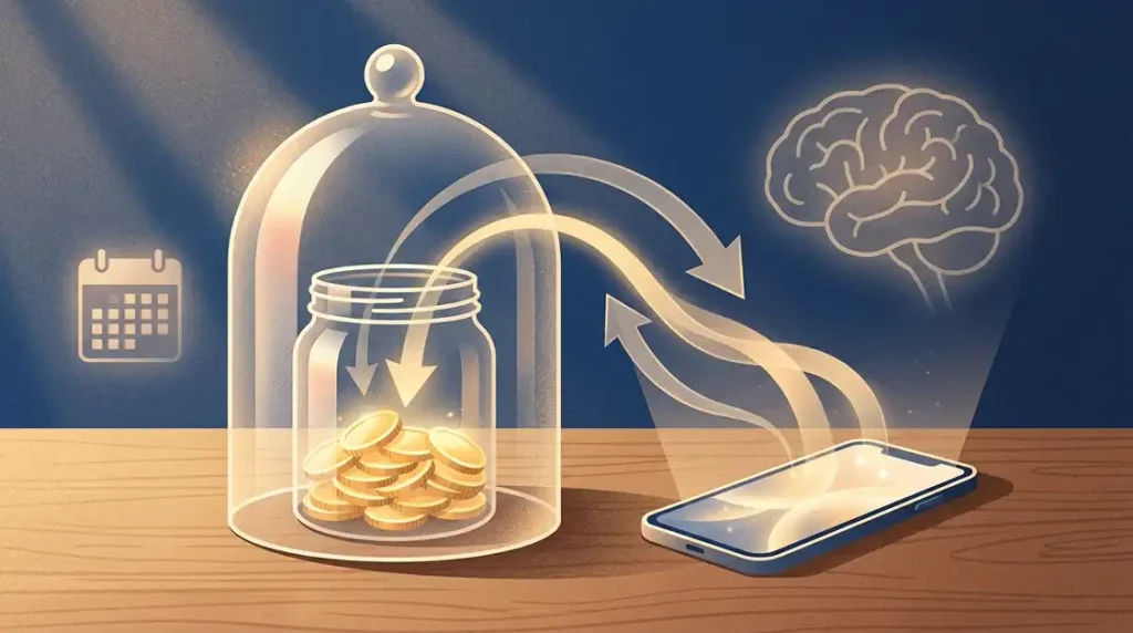 Savings jar under a protective dome receiving automatic transfers.